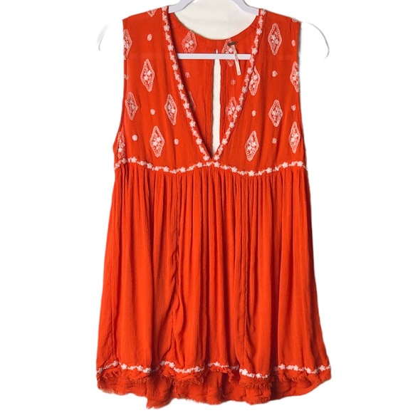 Free People Orange Boho Diamond Embroidered Sleeveless Tunic Top Size Small - Picture 4 of 7